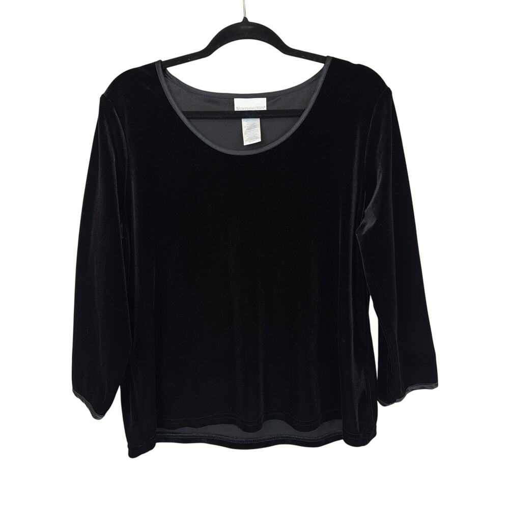 Worthington Black Velour Scoop Neck Top 3/4 Sleeve Soft Velvet Stretch XL